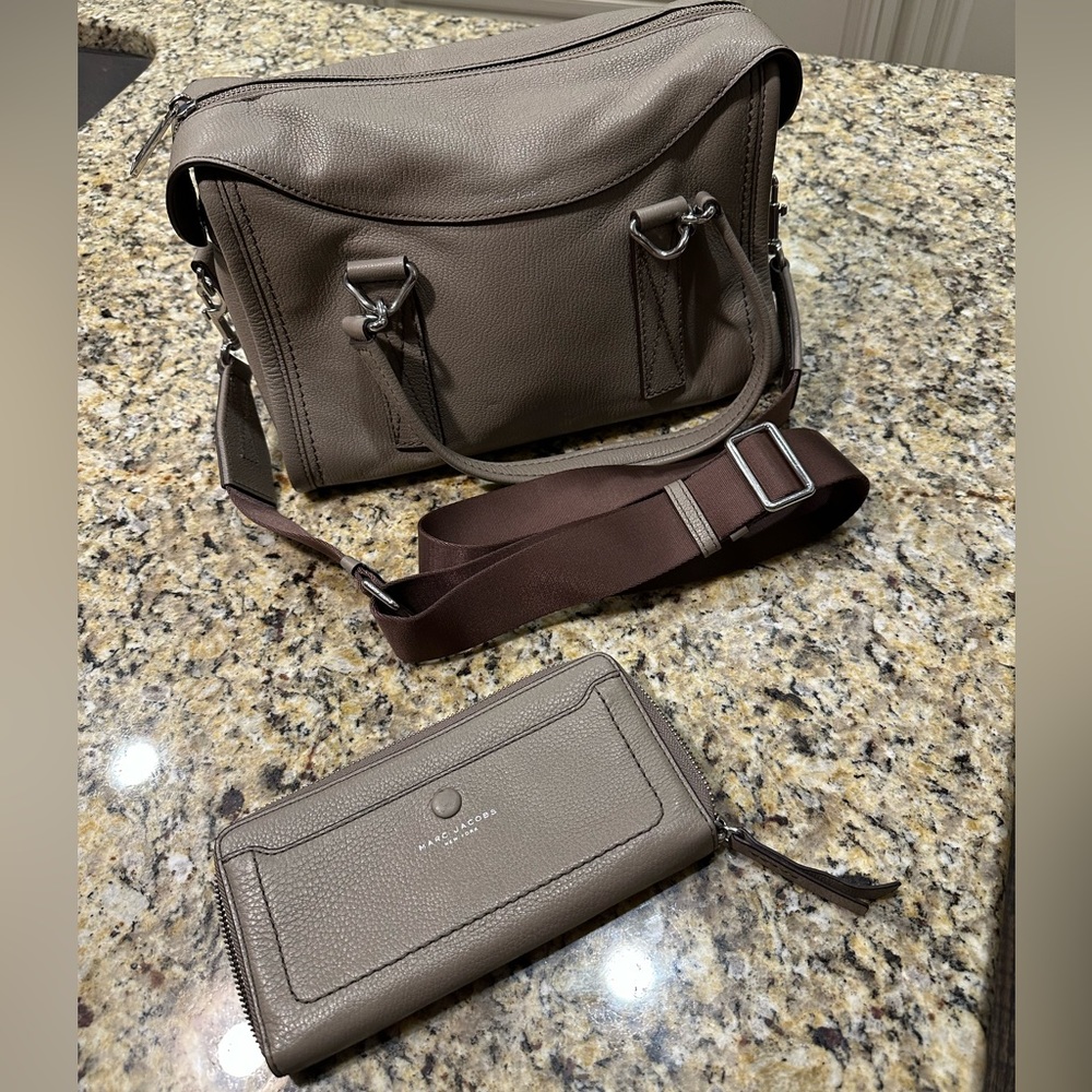 Marc Jacobs pebble leather satchel + wallet taupe grey